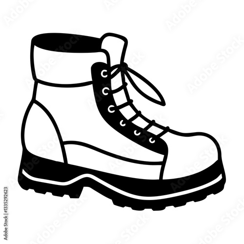Hiking boot icon with laces and thick sole in black and white