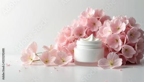 Wallpaper Mural Cosmetic cream in jar with pink hydrangea flowers on white. Beauty product for face, body skin care. Natural herbal cosmetic, facial treatment, aromatherapy, wellness, spa. Health, hygiene, Torontodigital.ca