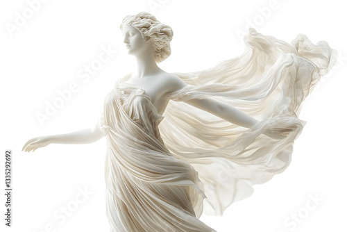 ancient marble statue of aphrodite with ethereal wings floating fabric isolated on pure white background museum quality photograph