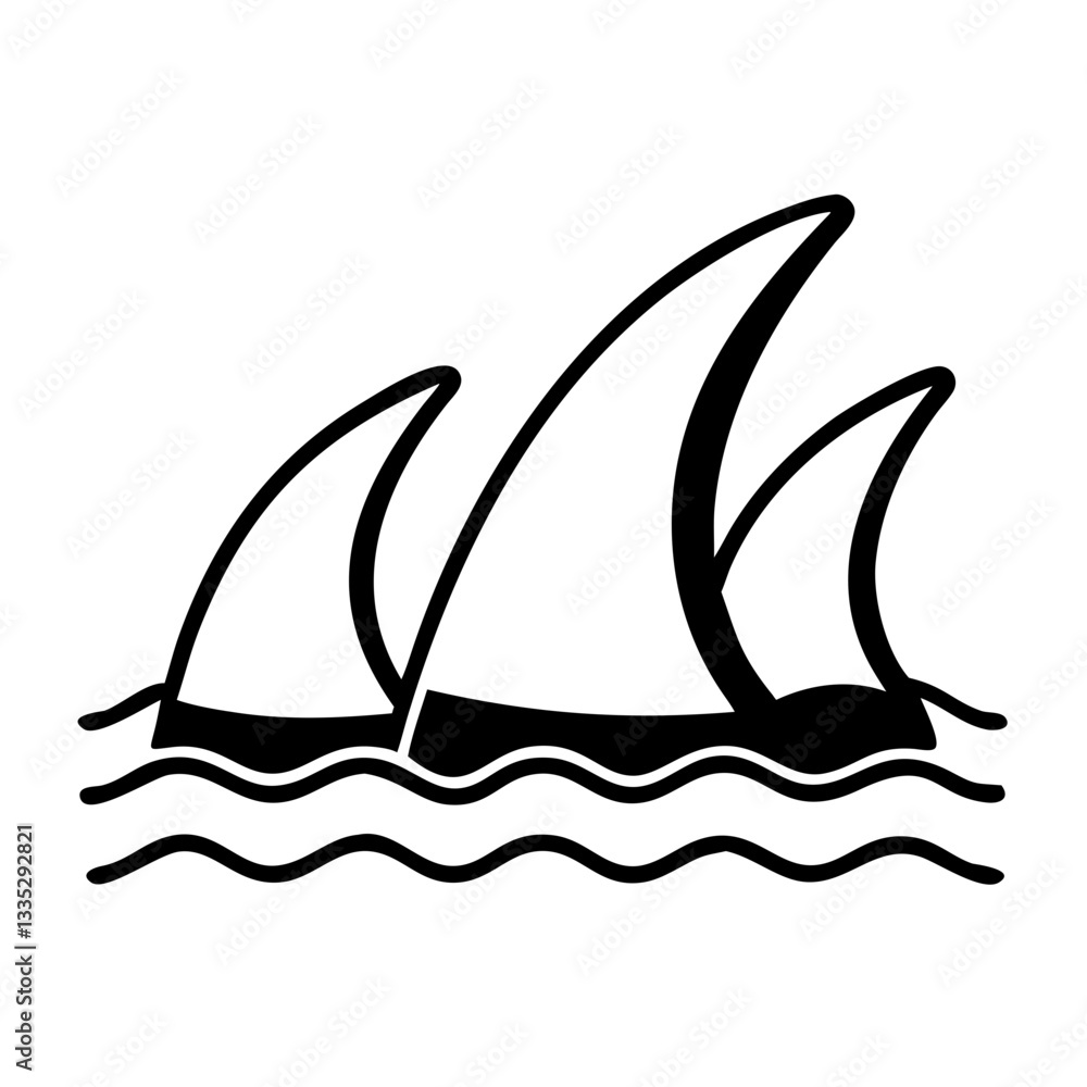 Shark fins icon emerging from ocean waves in black and white Shark fins icon emerging from ocean waves in black and white