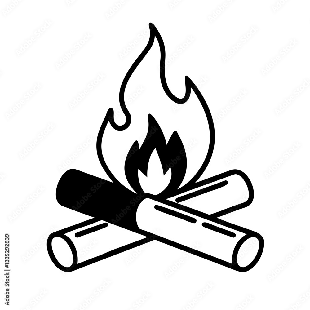 Campfire icon with burning logs in black and white Campfire icon with burning logs in black and white
