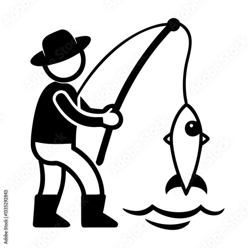 Fishing icon with fisherman holding a caught fish