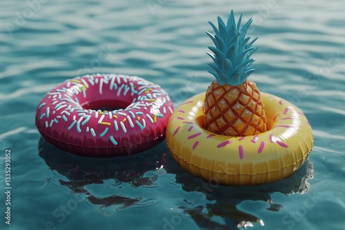 Colorful Inflatable Pool Floats Resting on Water With Sunlight Reflecting on ...