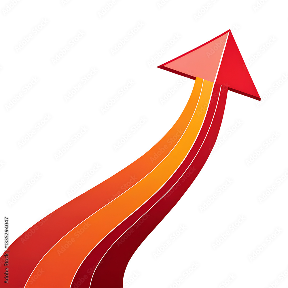 stylized, upward-pointing arrow with a dynamic, curved design. The arrow is predominantly red, transitioning smoothly to orange at the tail, creating a gradient effect. The background is a transparent stylized, upward-pointing arrow with a dynamic, curved design. The arrow is predominantly red, transitioning smoothly to orange at the tail, creating a gradient effect. The background is a transparent
