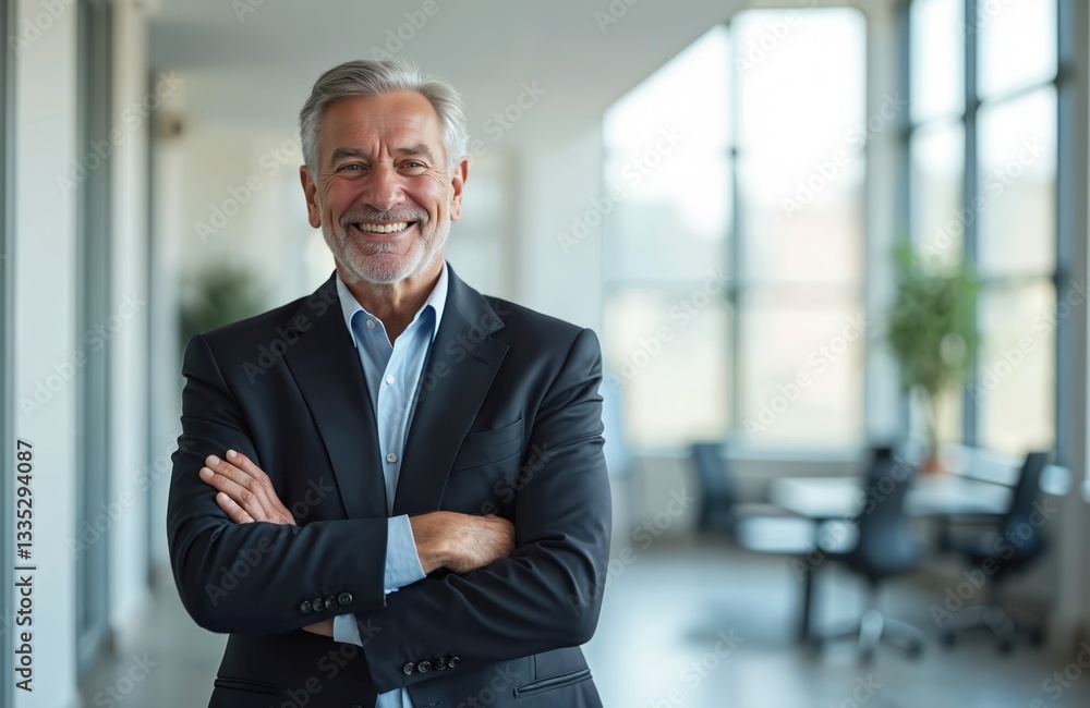 Fototapeta premium Confident senior businessman in suit stands with crossed arms, smiling in modern office. Mature executive shows experience, leadership, competence. Successful manager exudes professionalism,