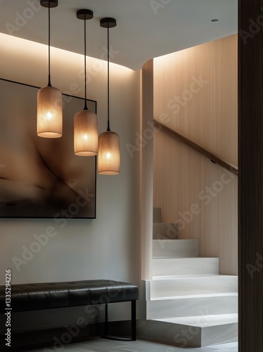 Modern Staircase With Pendant Lights Illuminating Elegant Interior Design in ...