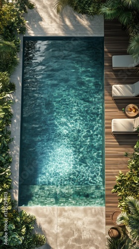 Relaxing Pool Surrounded by Lush Greenery and Comfortable Lounge Chairs in Br...