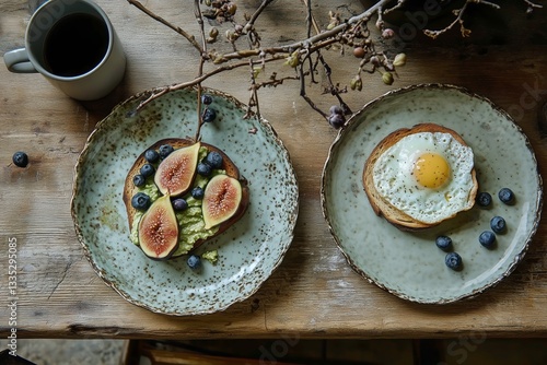 Breakfast Spread Featuring Fresh Fruits, Toast, and Avocado on a Wooden Table
