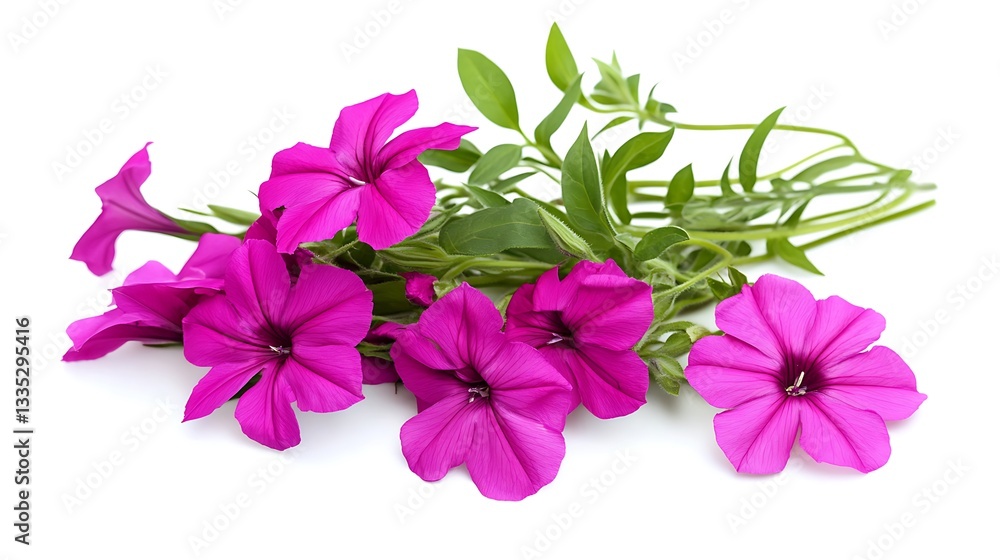 Fototapeta premium Beautiful vibrant pink petunias with green foliage on white background