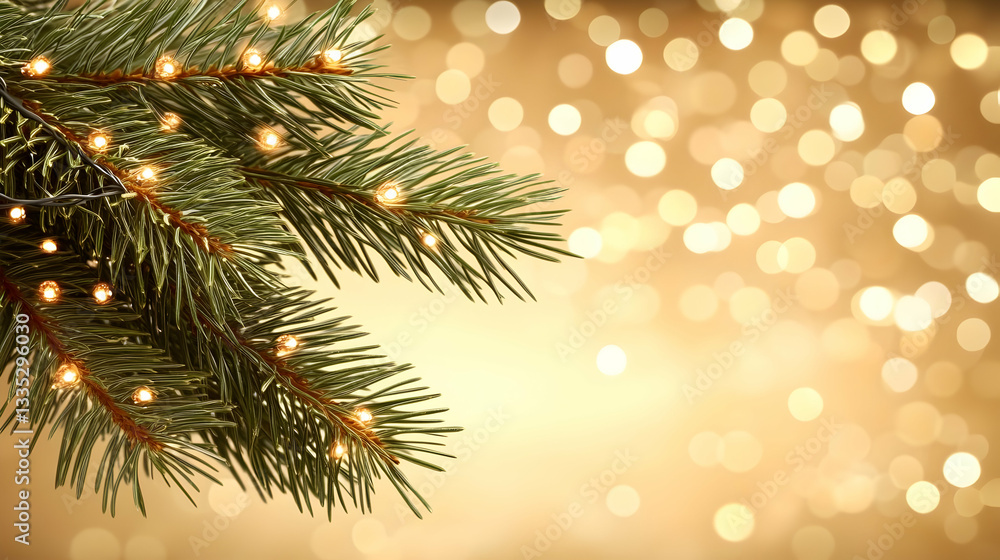 A close-up of an evergreen tree's delicate green branches and sparkling lights, evoking a joyous mood for Christmas or other noteworthy occasions A close-up of an evergreen tree's delicate green branches and sparkling lights, evoking a joyous mood for Christmas or other noteworthy occasions