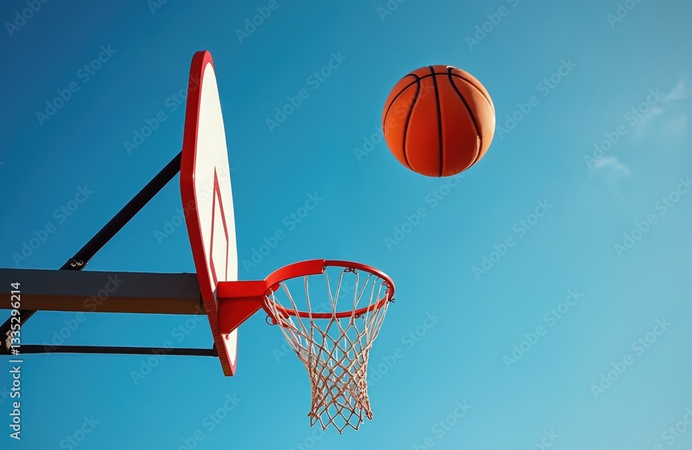 Basketball soars towards hoop against blue sky. Orange ball flying in street court for success shot. Sport training workout on arena playground outdoors. Exercise for victory. Basketball soars towards hoop against blue sky. Orange ball flying in street court for success shot. Sport training workout on arena playground outdoors. Exercise for victory.