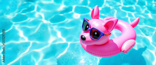 Magenta pink rubber float lookiong as a dog  with stylish sunglasses on