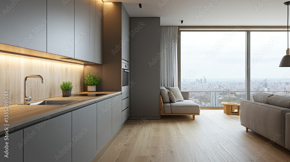 Fototapeta premium A compact, minimalist open kitchen with soft light oak flooring and cool-toned gray cabinets