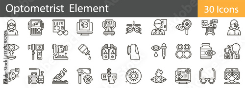 Optometrist Line Icons Set. Collection of 30 outline icons representing optometry tools, eye care, and vision-related elements. Editable stroke vector illustration.
