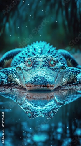 Crocodile Resting by the Water During Twilight With Shimmering Reflections