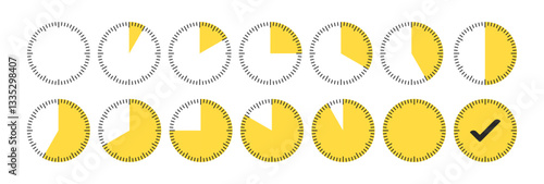 Timer, clock, stopwatch isolated set icons. Countdown timer symbol. Label cooking time. Minute timer, Time measure, Chronometer, Alarm, Kitchen timer, label, sticker, stamp. Vector Illustration.