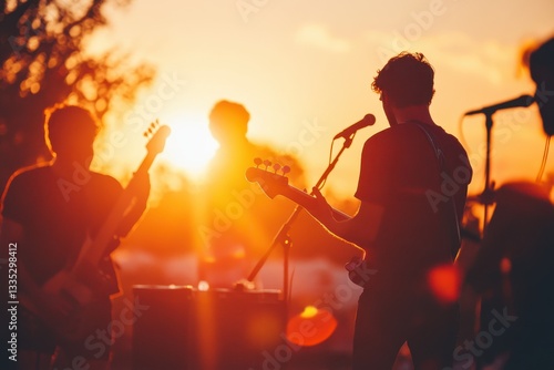 Live band playing at an outdoor sunset concert