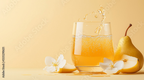 Refreshing pear juice in a glass with pear and flowers on a soft orange background