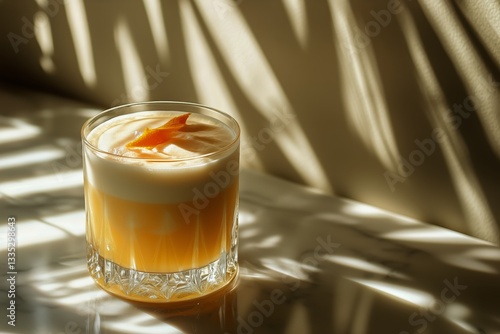 Refreshing Cocktail With Creamy Foam and Citrus Garnish on a Marble Table Wit...