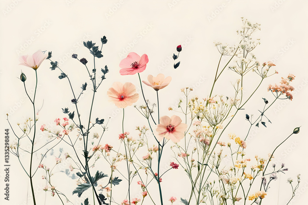 Soft-hued botanical cluster on neutral backdrop Soft-hued botanical cluster on neutral backdrop