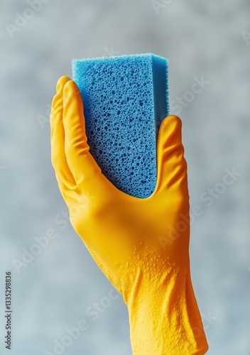 Bright Yellow Glove Holding Blue Sponge Against Light Background in Home Clea...