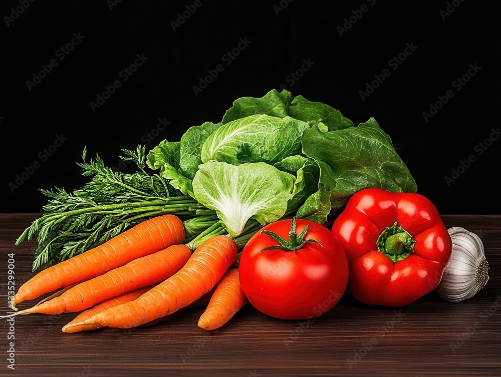 Fresh vegetables including carrots, tomatoes, lettuce, and garlic on wooden table Fresh vegetables including carrots, tomatoes, lettuce, and garlic on wooden table