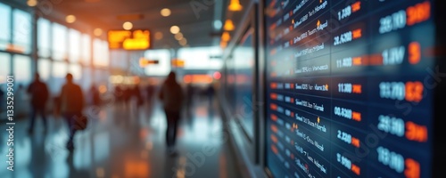 Wallpaper Mural Airport flight information display screen with flight schedule info, blurred passenger silhouettes. Air transport departures, arrivals timetable. Passengers transit in terminal hall. Flight Torontodigital.ca