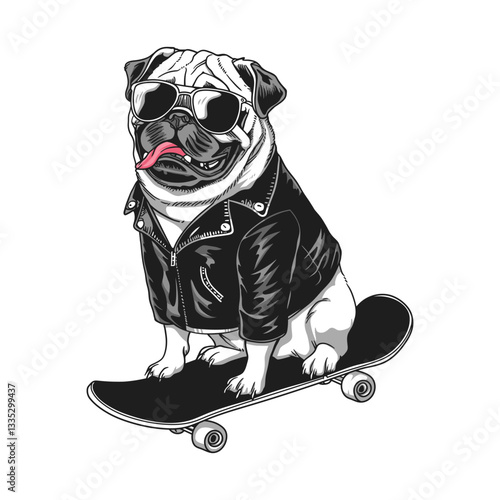 Stylish pug on a skateboard, wearing sunglasses and a leather jacket