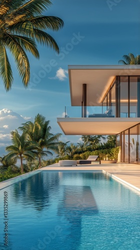 Modern Beachfront Villa With Infinity Pool at Sunset Surrounded by Palm Trees