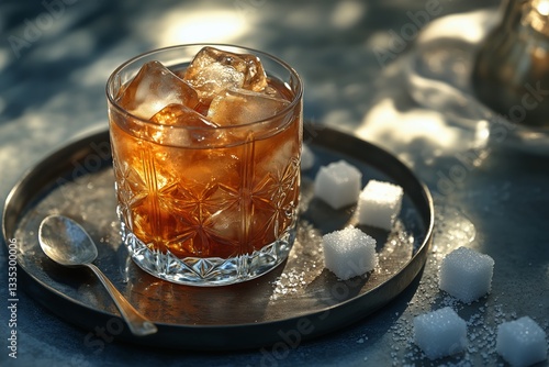 Refreshing Iced Beverage With Sugar Cubes on a Round Tray in a Cozy Setting