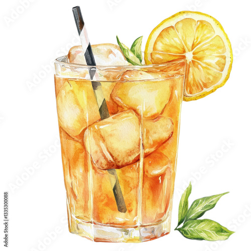 Iced lemon tea refreshes with burst of citrus, watercolor style, offering delightful drink isolated with leaves and straw, creating an inviting thirst quenching image