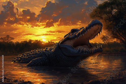 Large Crocodile Emerges From Water at Sunset Near Lush Landscape