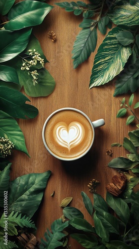 Coffee Cup With Heart Latte Art Surrounded by Green Leaves on Wooden Table