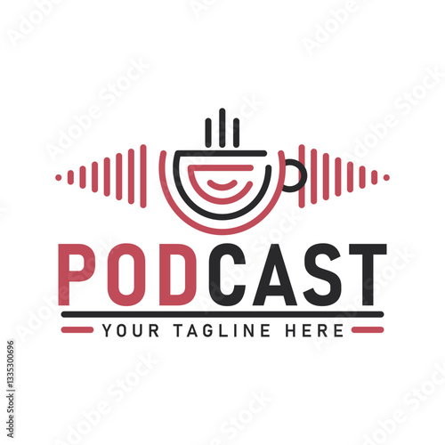 A sleek podcast logo featuring a coffee cup with sound waves on both sides