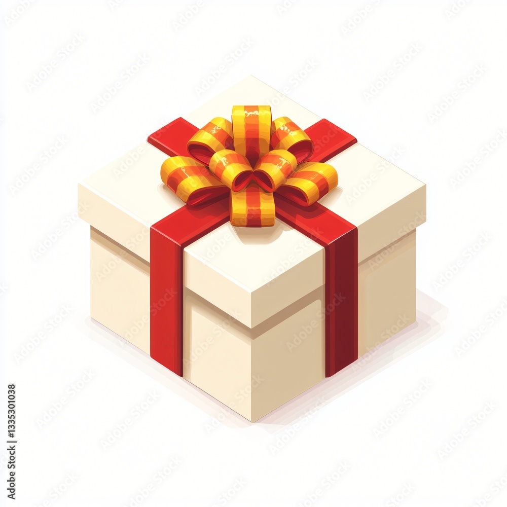 Isometric Flat Icon of a Gift Box with Colorful Ribbon on White Background Isometric Flat Icon of a Gift Box with Colorful Ribbon on White Background