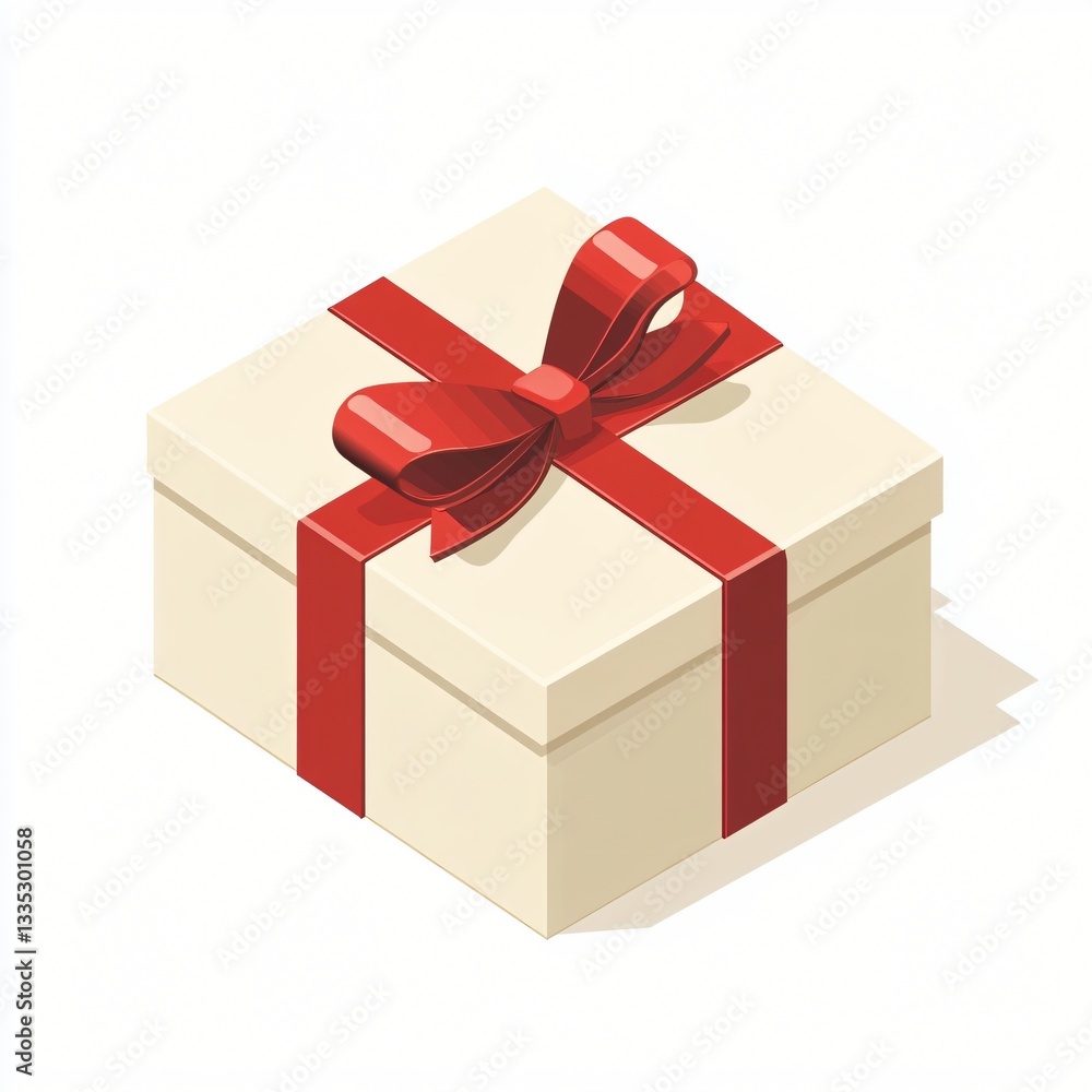 Isometric Flat Icon of a Gift Box with Red Ribbon on a White Background Isometric Flat Icon of a Gift Box with Red Ribbon on a White Background