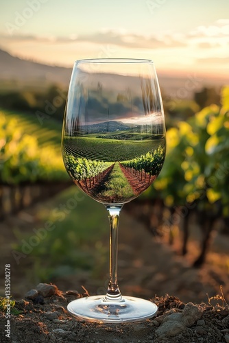 Blending of a wine glass with a vineyard, symbolizing refinement and the origin of wine