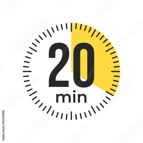 20 or twenty minute Timer, clock, stopwatch isolated icons. Countdown timer symbol. Label cooking time. Minute timer, Time measure, Chronometer, Alarm, Kitchen timer, label, sticker, stamp.  Vector