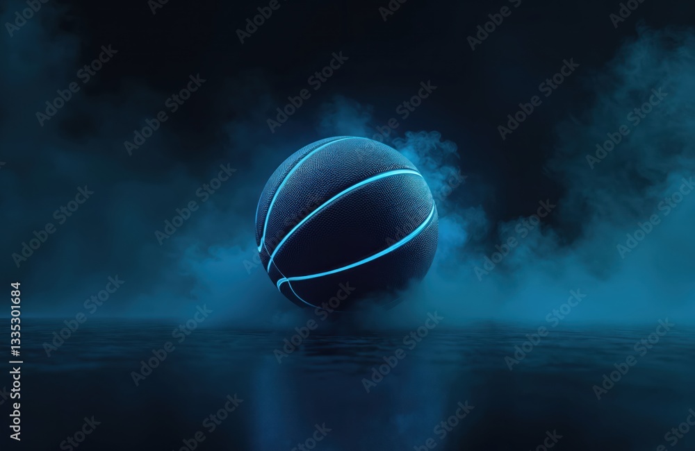 3D rendering black basketball with bright blue glowing neon lines on smoke background. Sphere hovers above glossy floor. Modern sport concept wallpaper. Stylish design element for banners, cards, ads. 3D rendering black basketball with bright blue glowing neon lines on smoke background. Sphere hovers above glossy floor. Modern sport concept wallpaper. Stylish design element for banners, cards, ads.