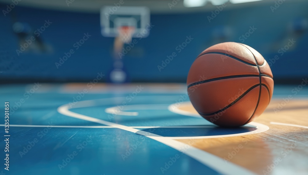 Close-up shot basketball on blue polished indoor court. Sport equipment for team game lays on wooden surface. Concept of anticipation, challenge, skill, practice, training, fitness, healthy lifestyle. Close-up shot basketball on blue polished indoor court. Sport equipment for team game lays on wooden surface. Concept of anticipation, challenge, skill, practice, training, fitness, healthy lifestyle.