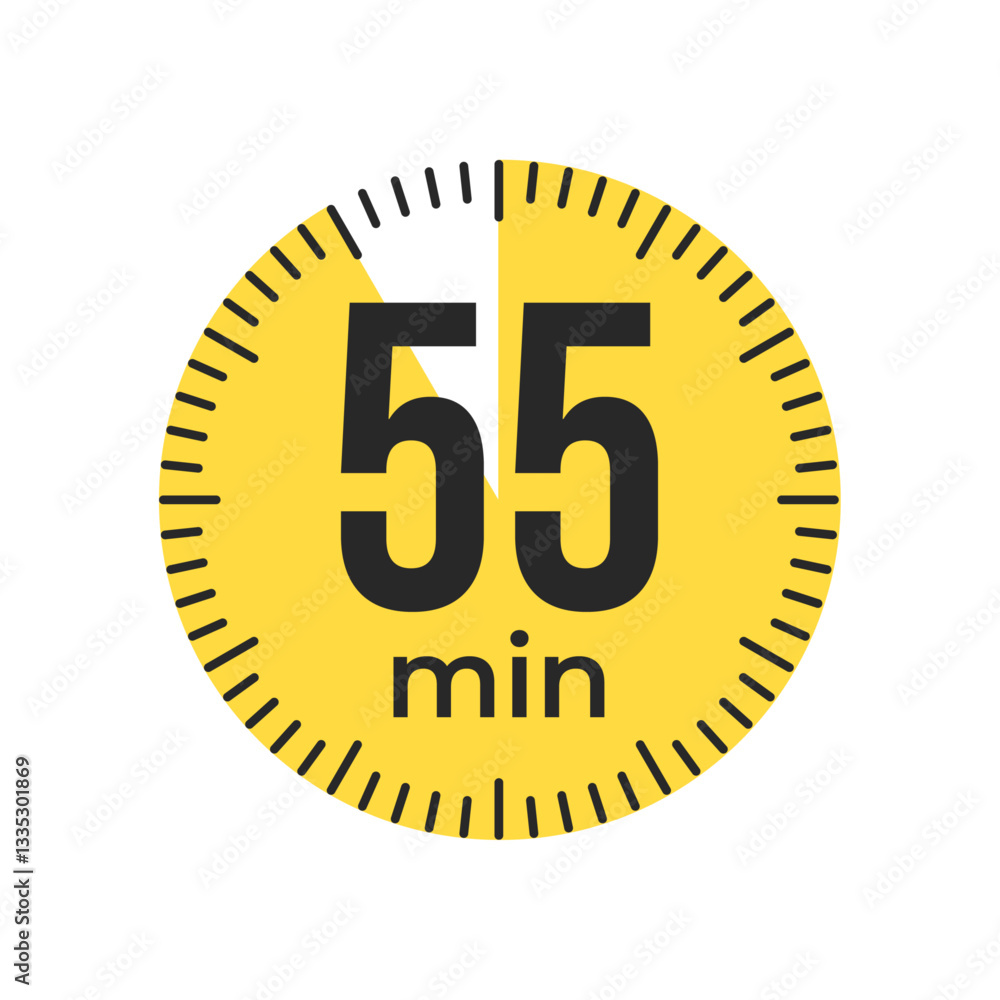 Fototapeta premium 55 or fifty five minute Timer, clock, stopwatch isolated icons. Countdown timer symbol. Label cooking time. Minute timer, Time measure, Chronometer, Alarm, Kitchen timer, label, sticker, stamp. Vector