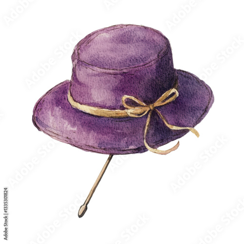 Watercolor painting of hat pin, vintage fashion accessory, purple hat with gold ribbon, isolated on transparency background represent old fashioned nostalgic vibe