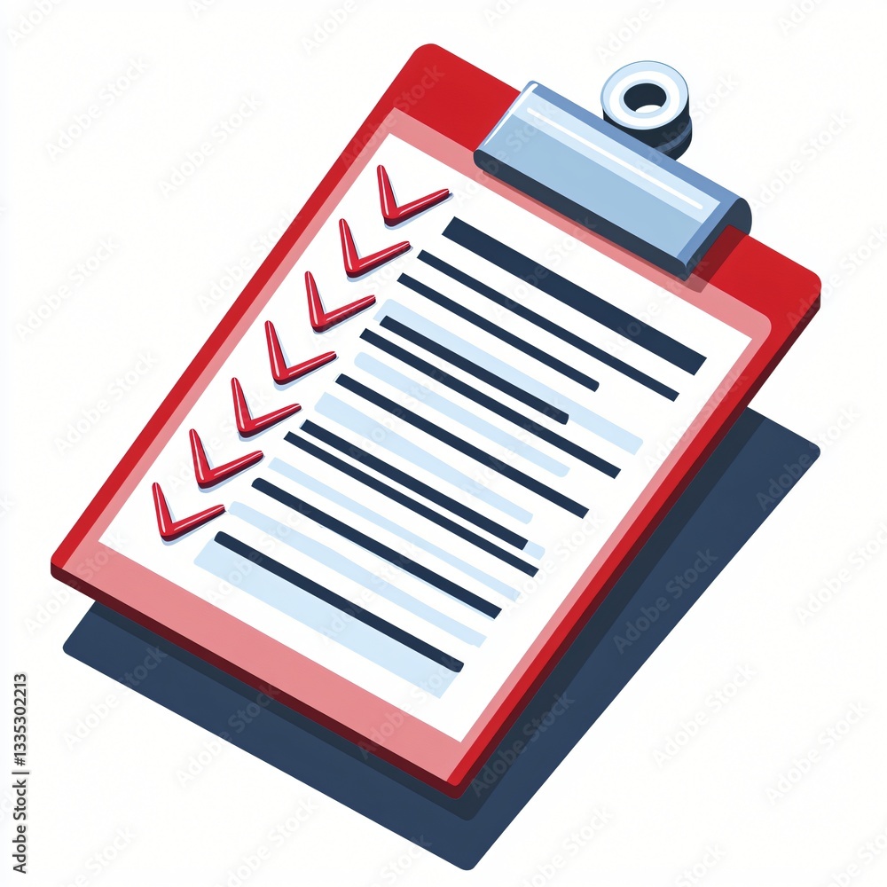 Isometric Flat Icon of a Checklist Paper with Red Markings on a Clipboard for Tasks Completion Isometric Flat Icon of a Checklist Paper with Red Markings on a Clipboard for Tasks Completion