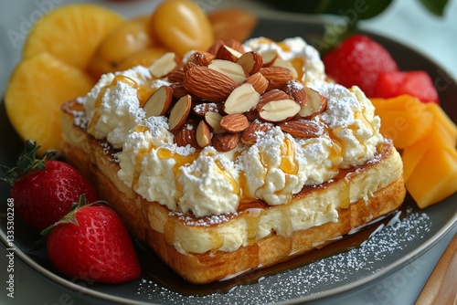 Delicious Breakfast Platter Featuring French Toast With Fruit and Whipped Cream