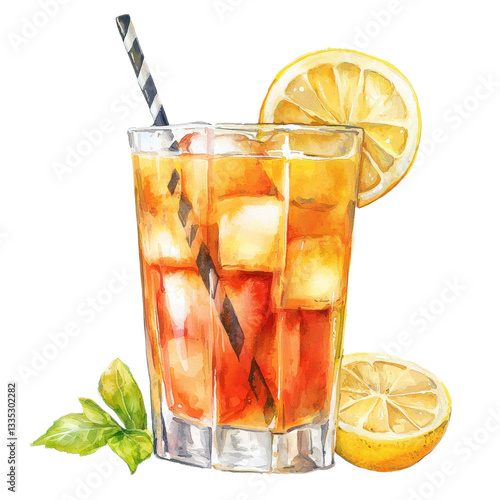 Watercolor iced tea with lemon slice, ice cube, straw, and mint leaf which show refreshing feeling of cool beverage in transparent background