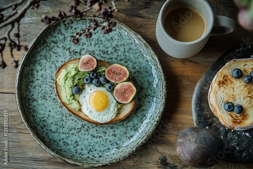 Breakfast Plate With Avocado Toast Topped With Egg, Figs, and Blueberries Alo...