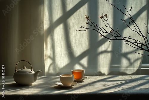 Tranquil Tea Setup With a Teapot and Cups Casting Shadows in Soft Daylight