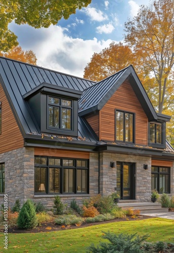 Beautiful Modern Stone House With Large Windows and Landscaped Yard at Dusk i...