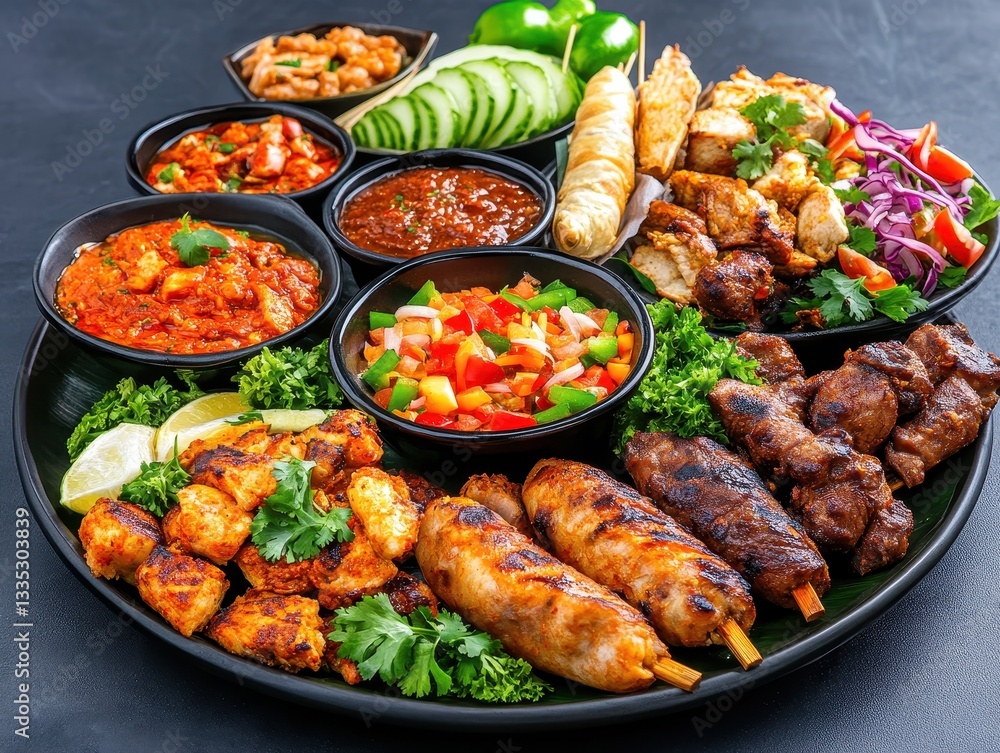 Fototapeta premium A vibrant platter of assorted grilled meats and fresh vegetables served elegantly