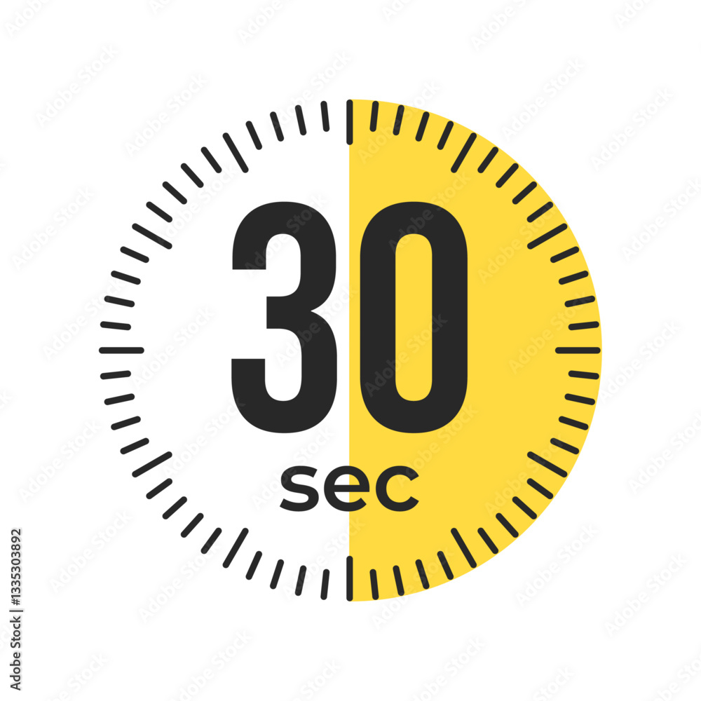 Fototapeta premium 30 or thirty second Timer, clock, stopwatch isolated icons. Countdown timer symbol. Label cooking time. Minute timer, Time measure, Chronometer, Alarm, Kitchen timer, label, sticker, stamp. Vector